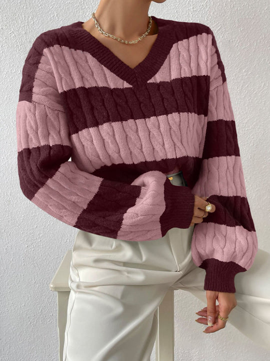 Damen V-Ausschnitt Strickpullover mit Rippstruktur und langen Ärmeln R&B