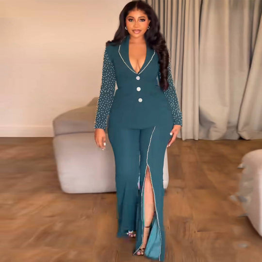 Damen Eleganter Anzug mit schimmernden Perlen und modernem Schlitz R&B