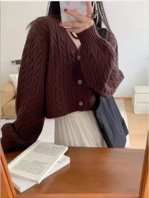Damen kuscheliger Strickcardigan mit V-Ausschnitt und großen Knöpfen R&B