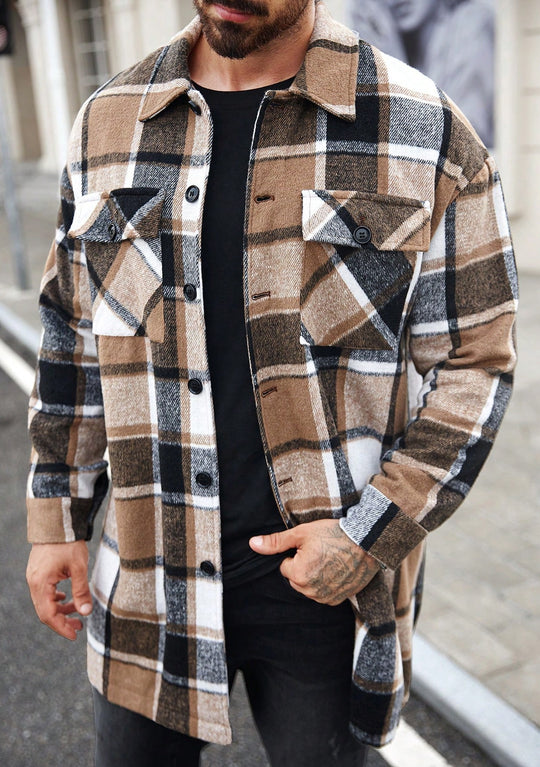 Herren karierte Flanelljacke mit knöpfbaren Taschen und modernem Schnitt R&B