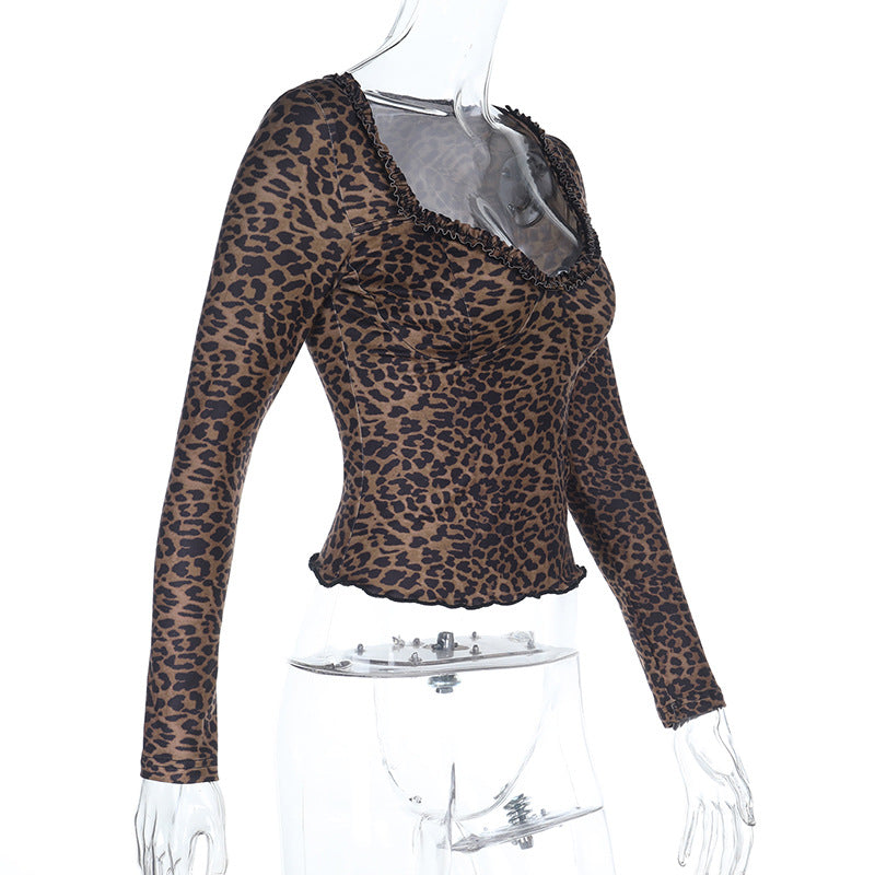 Damen elegantes Leopardenmuster Langarmoberteil R&B