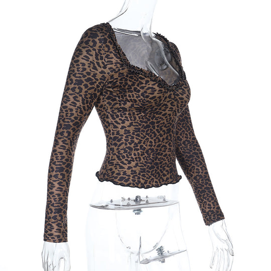 Damen elegantes Leopardenmuster Langarmoberteil R&B