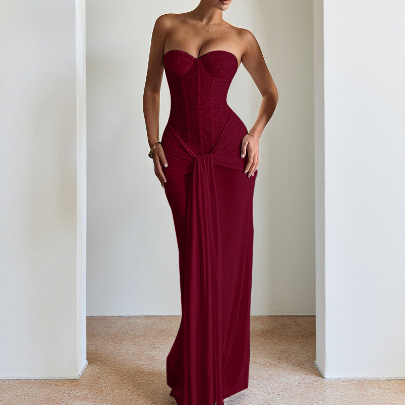Damen schickes Maxikleid mit elegantem Bustier-Oberteil und gerafftem Rock R&B