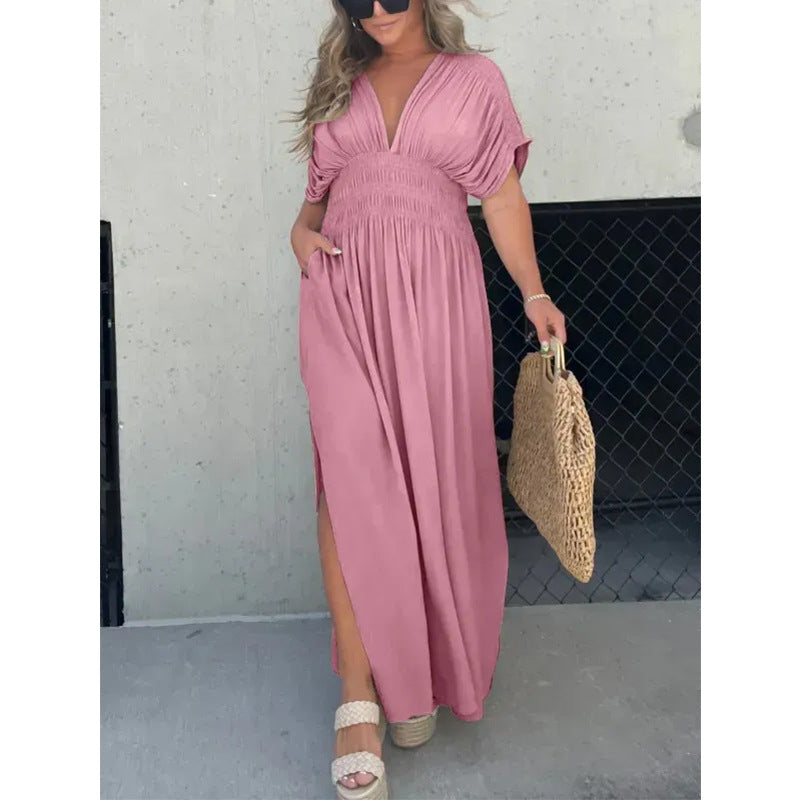 Damen Maxikleid mit tiefem V-Ausschnitt und praktischen Seitentaschen R&B