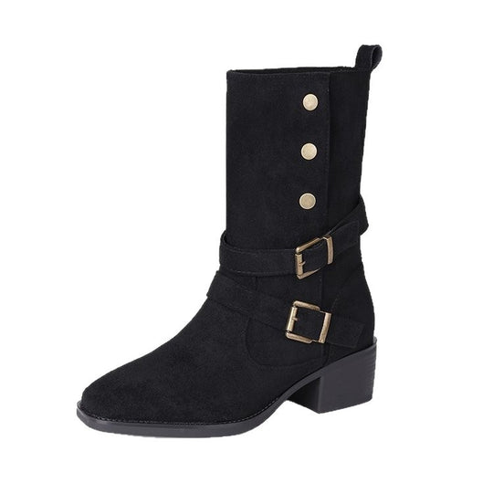 Damen Modische Stiefeletten mit verstellbaren Riemen und robustem Blockabsatz R&B