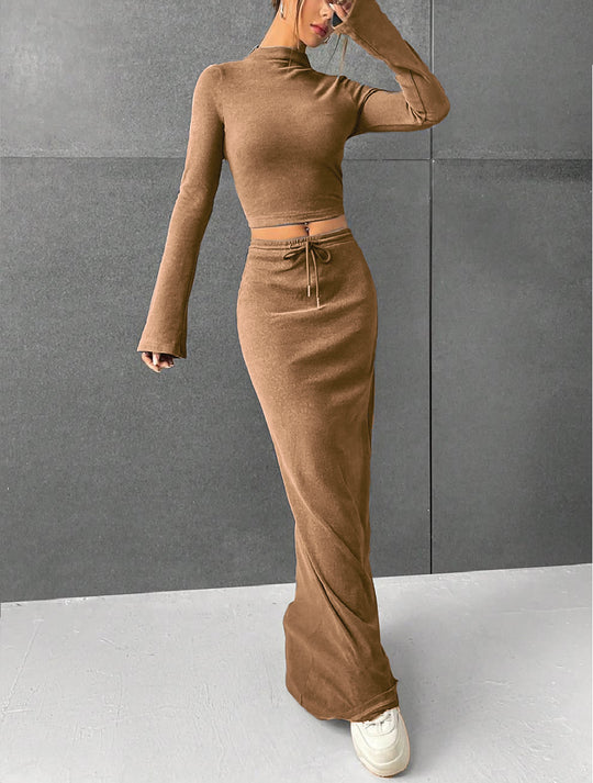Damen Elegantes und komfortables Crop-Top mit langem Ärmel und Maxi-Rock R&B
