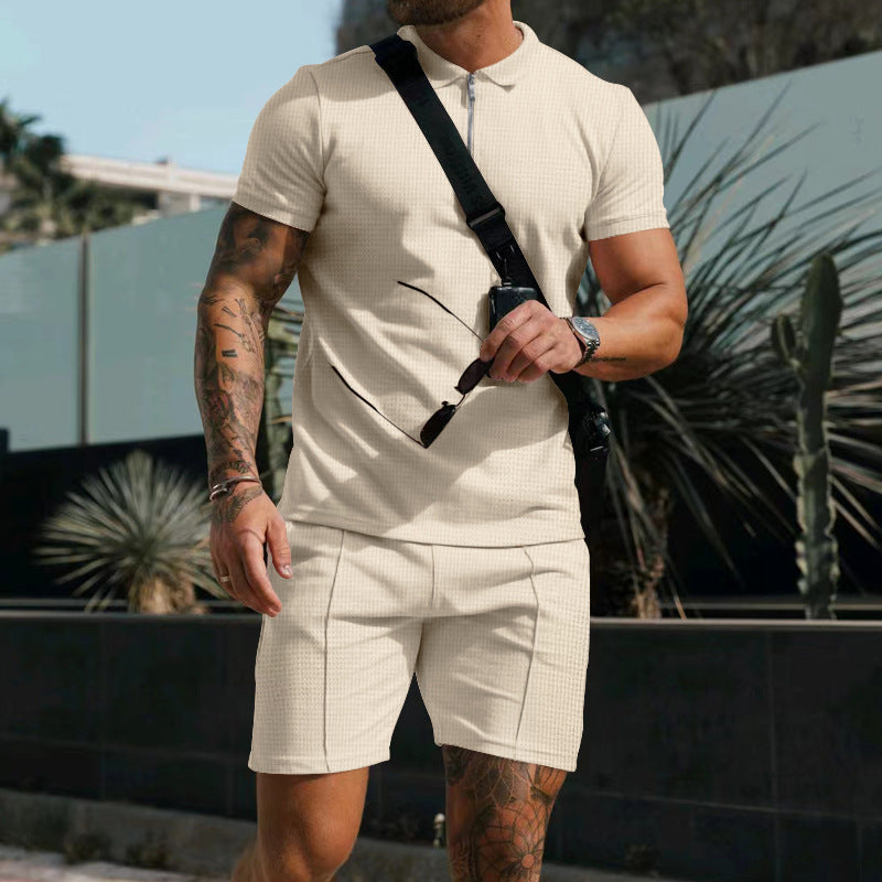 Herren nan sportives Poloshirt- und Chino-Shorts-Set mit halbem Reißverschluss, strukturiertem Jersey und dezenter Bügelfalte R&B