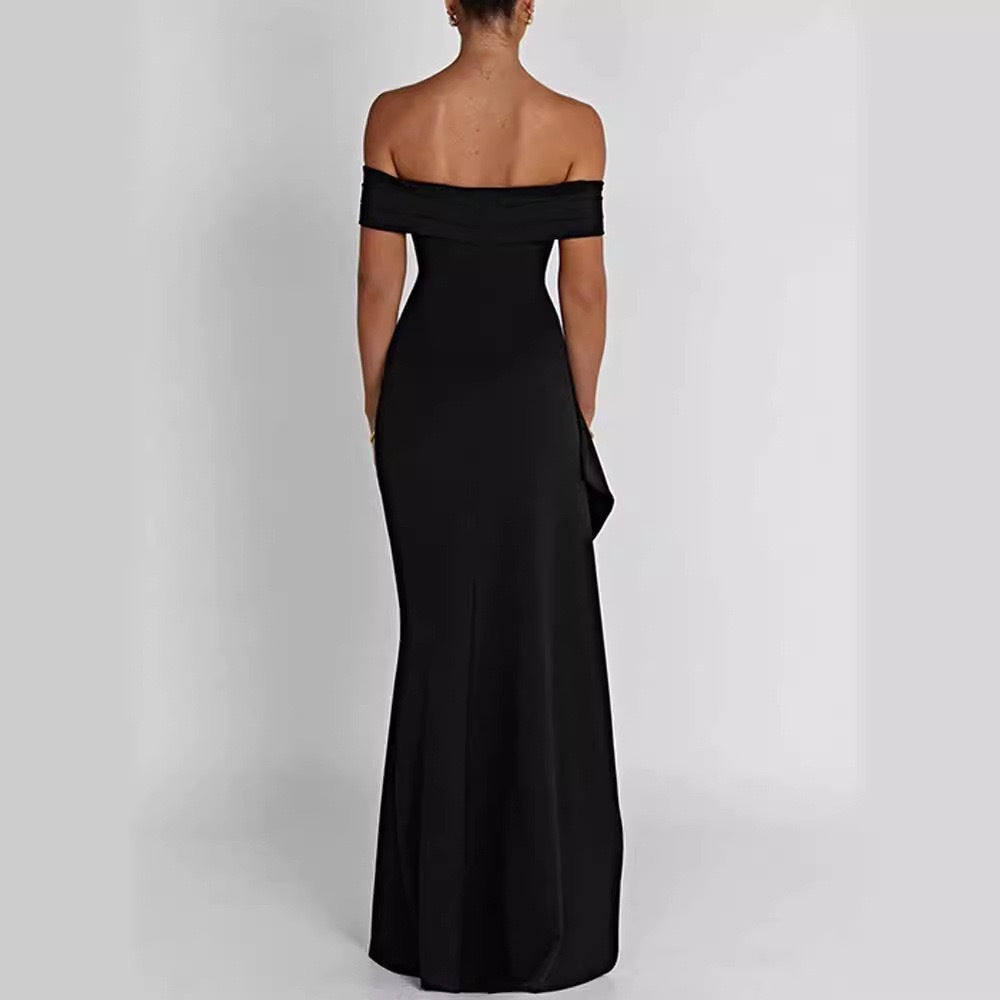 Damen Elegantes Off-Shoulder Maxikleid mit hohem Schlitz und Drapierungen R&B