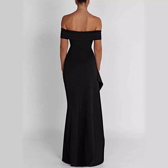 Damen Elegantes Off-Shoulder Maxikleid mit hohem Schlitz und Drapierungen R&B