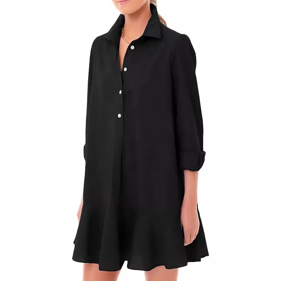 Damen Hemdkleid mit fließendem Saum und langen Ärmeln
