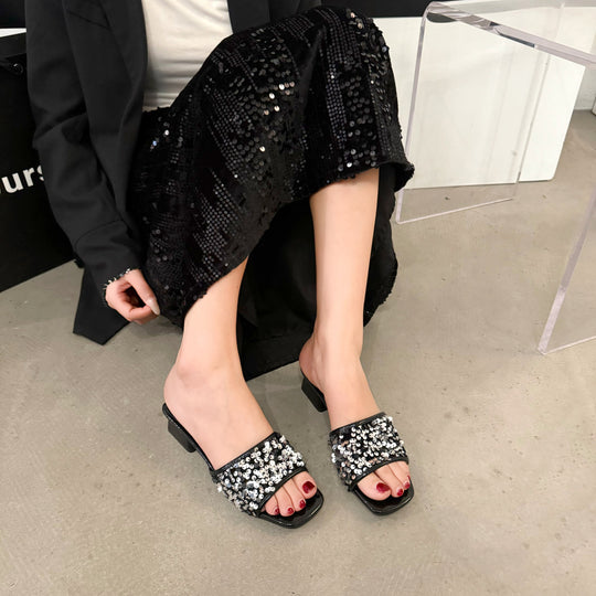 Damen elegante Mules mit funkelnden Pailletten R&B