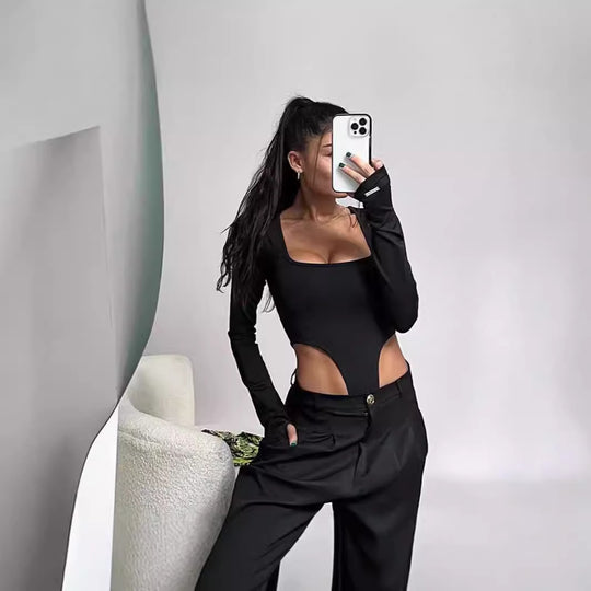 Damen Figurbetontes Bodysuit mit kreativen Cut-Out-Details und langen Ärmeln R&B