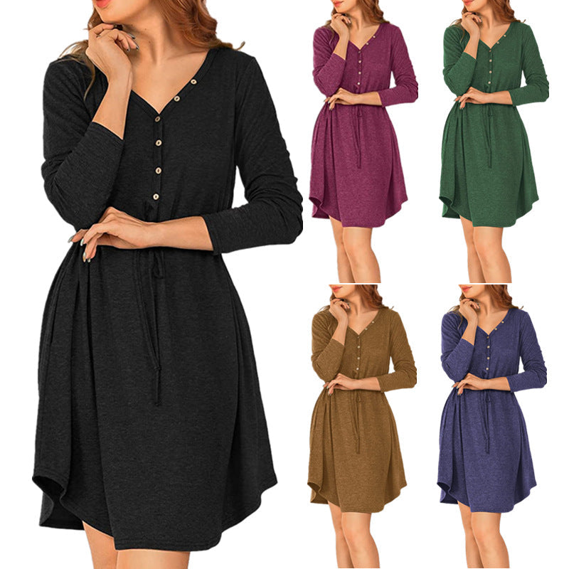 Damen lässiges Wickelkleid mit Knopfdetails und Taillenzug R&B