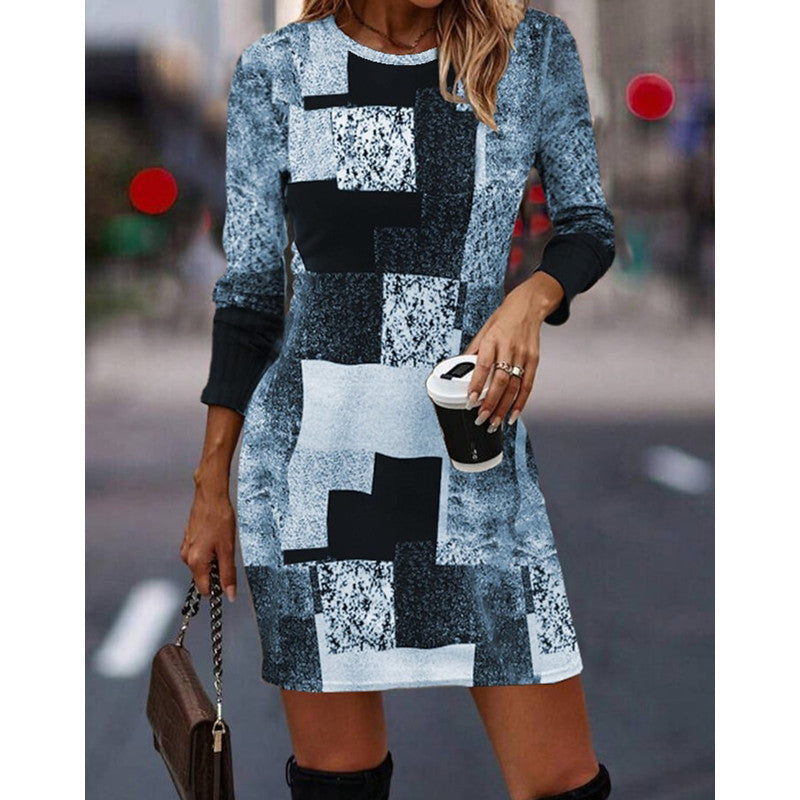 Damen Strickkleid mit modernem geometrischen Muster und langen Ärmeln R&B