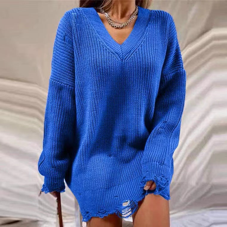 Damen Lässiger Pullover im Oversized-Stil mit V-Ausschnitt und lässigen Fransen R&B