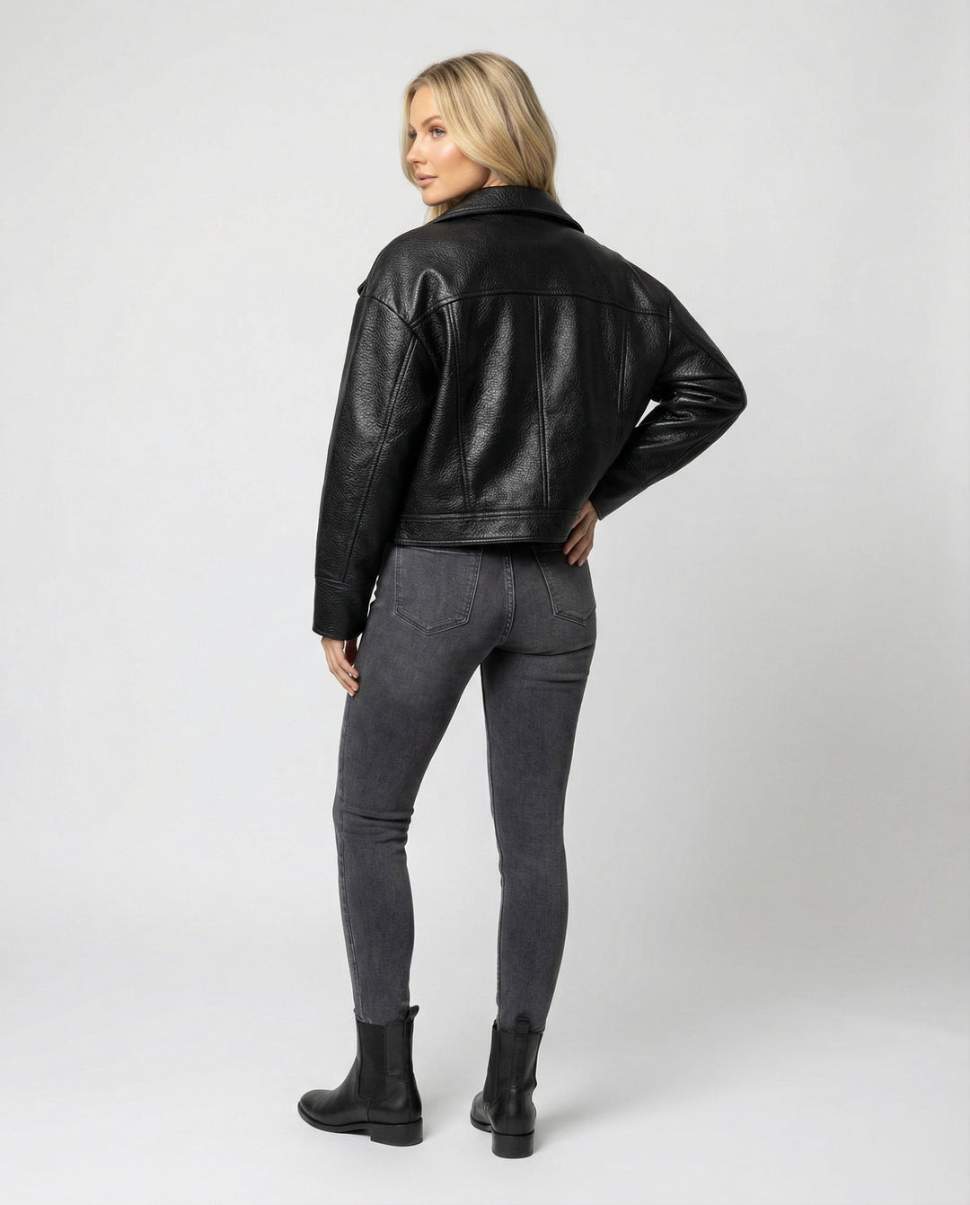 Schwarze Damen PU Lederjacke Kurz American Biker Look