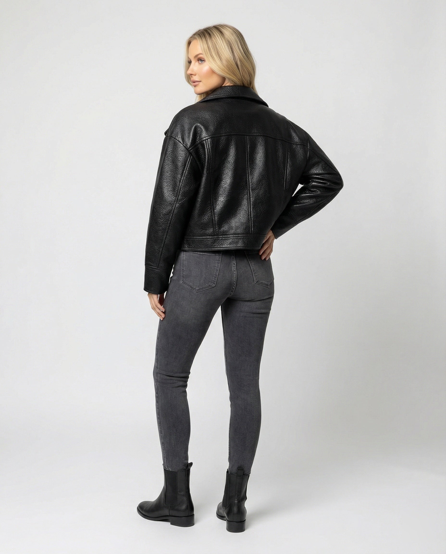 Schwarze Damen PU Lederjacke Kurz American Biker Look