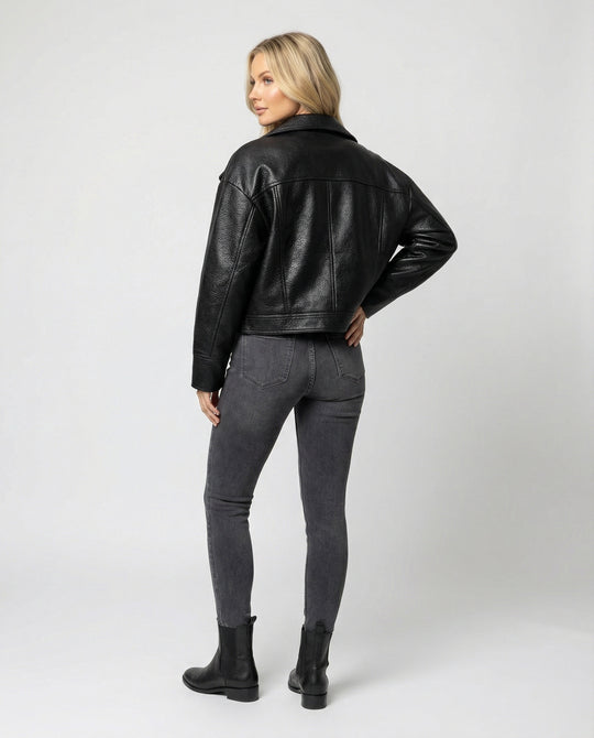 Schwarze Damen PU Lederjacke Kurz American Biker Look