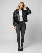 Schwarze Damen PU Lederjacke Kurz American Biker Look
