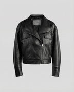 Schwarze Damen PU Lederjacke Kurz American Biker Look