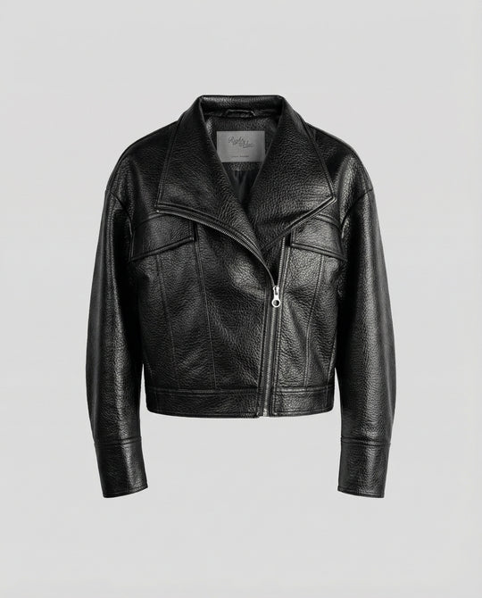 Schwarze Damen PU Lederjacke Kurz American Biker Look