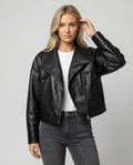 Schwarze Damen PU Lederjacke Kurz American Biker Look