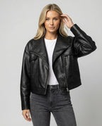 Schwarze Damen PU Lederjacke Kurz American Biker Look
