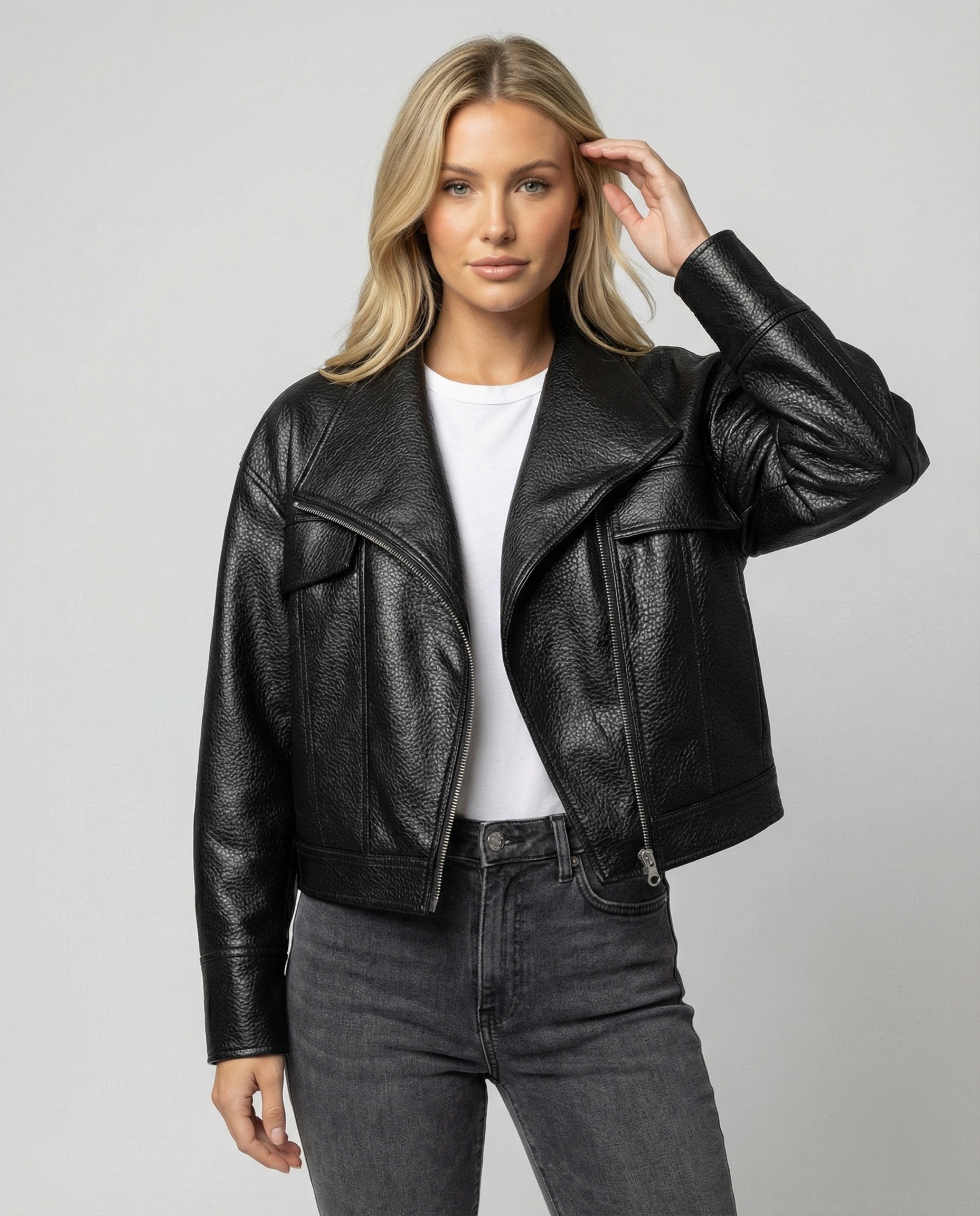 Schwarze Damen PU Lederjacke Kurz American Biker Look