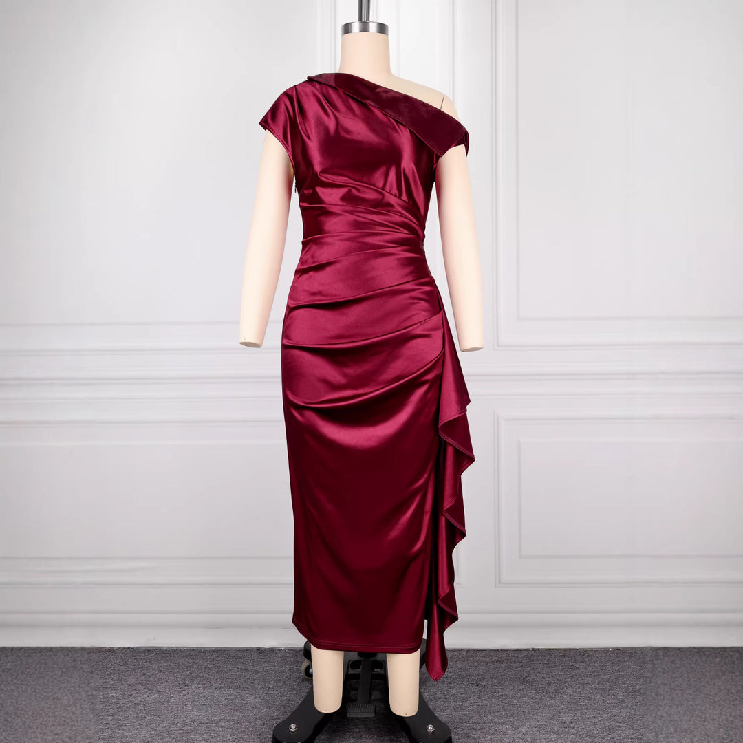 Damen elegantes Satin Abendkleid mit asymmetrischen Rüschendetails R&B