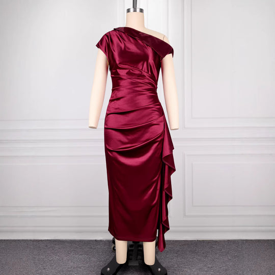 Damen elegantes Satin Abendkleid mit asymmetrischen Rüschendetails R&B