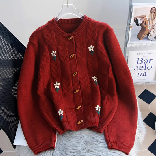 Damen Strickjacke mit floralem Zopfmuster und Holzknöpfen R&B