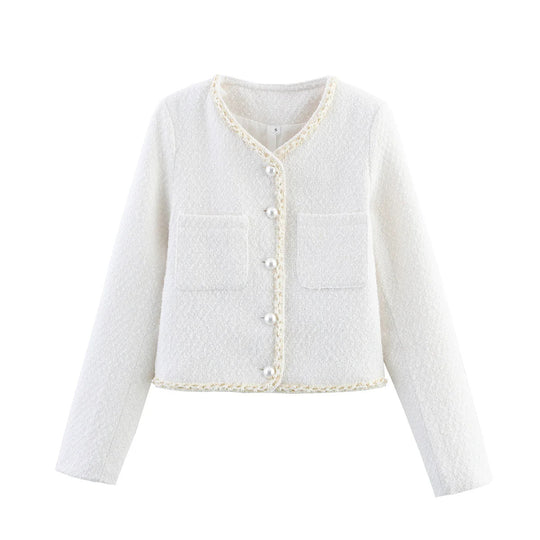 Damen elegante Kurzarmpulloverjacke mit perlverzierten Knöpfen und aufgesetzten Taschen R&B