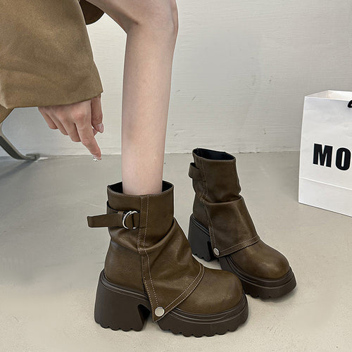 Damen modische Chunky-Boots mit dekorativem Riemen und stabiler Sohle R&B