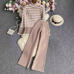 Damen elegantes gestreiftes Strickensemble mit hohem Kragen und weitem Bein R&B