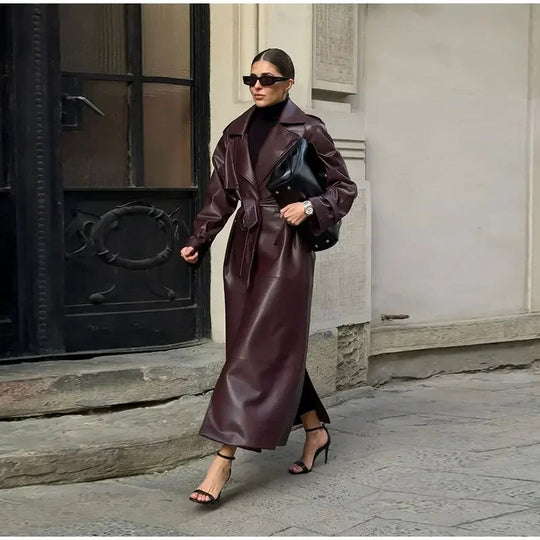 Damen Eleganter Kunstleder-Trenchcoat mit tailliertem Gürtel R&B