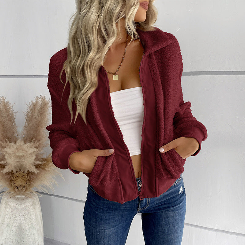 Damen Sportliche Plüschjacke mit Reißverschluss und praktischen Taschen R&B