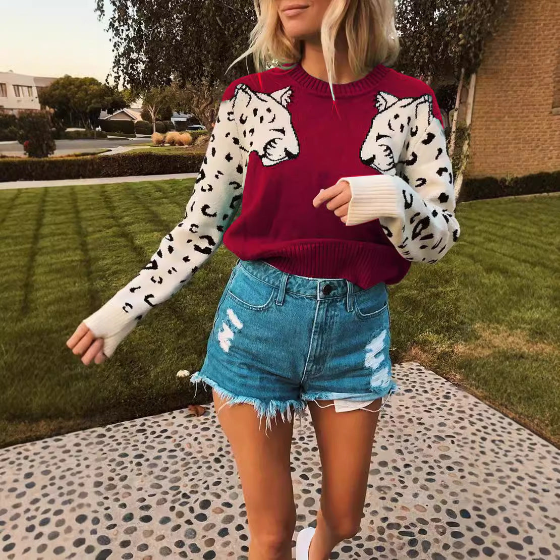 Damen modischer Strickpullover mit tierischem Motiv und farblich abgesetzten Ärmeln R&B