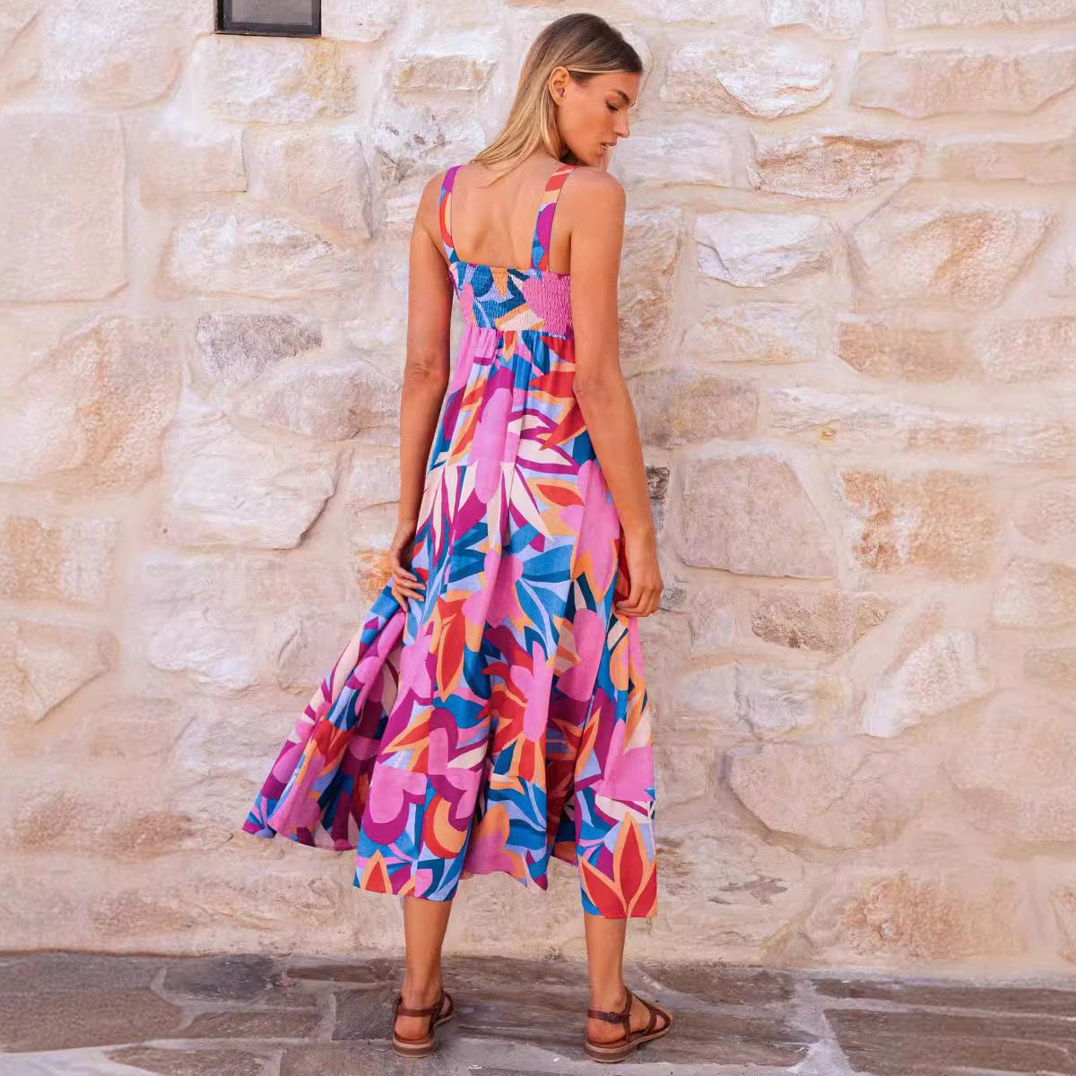 Damen Maxikleid mit Blumenmuster und verstellbaren Spaghettiträgern R&B