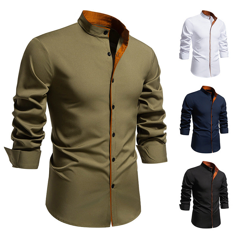 Herren Langarmhemd mit modernem Stehkragen und gesticktem Detail R&B