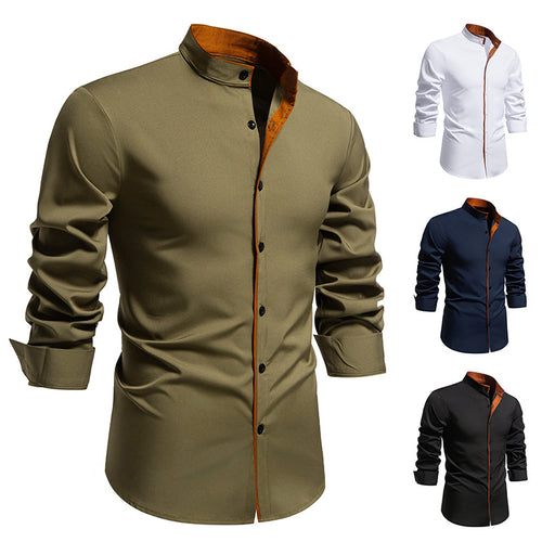Herren Langarmhemd mit modernem Stehkragen und gesticktem Detail R&B