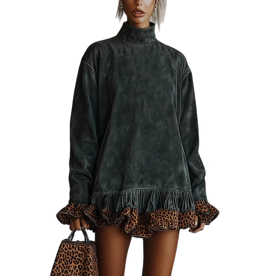 Damen Oversized Sweatkleid mit Leopardenrüsche R&B