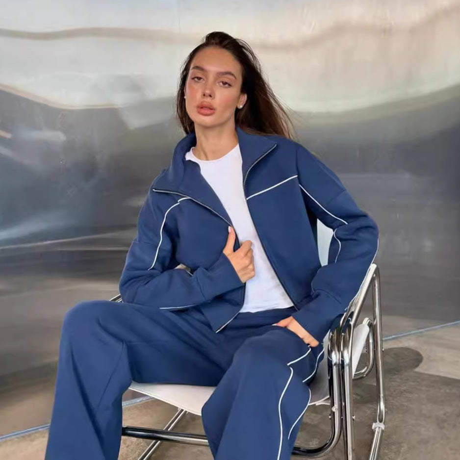 Damen nan zweiteiliges Sport-Loungewear-Set mit Stehkragen und Kontrastpaspel R&B