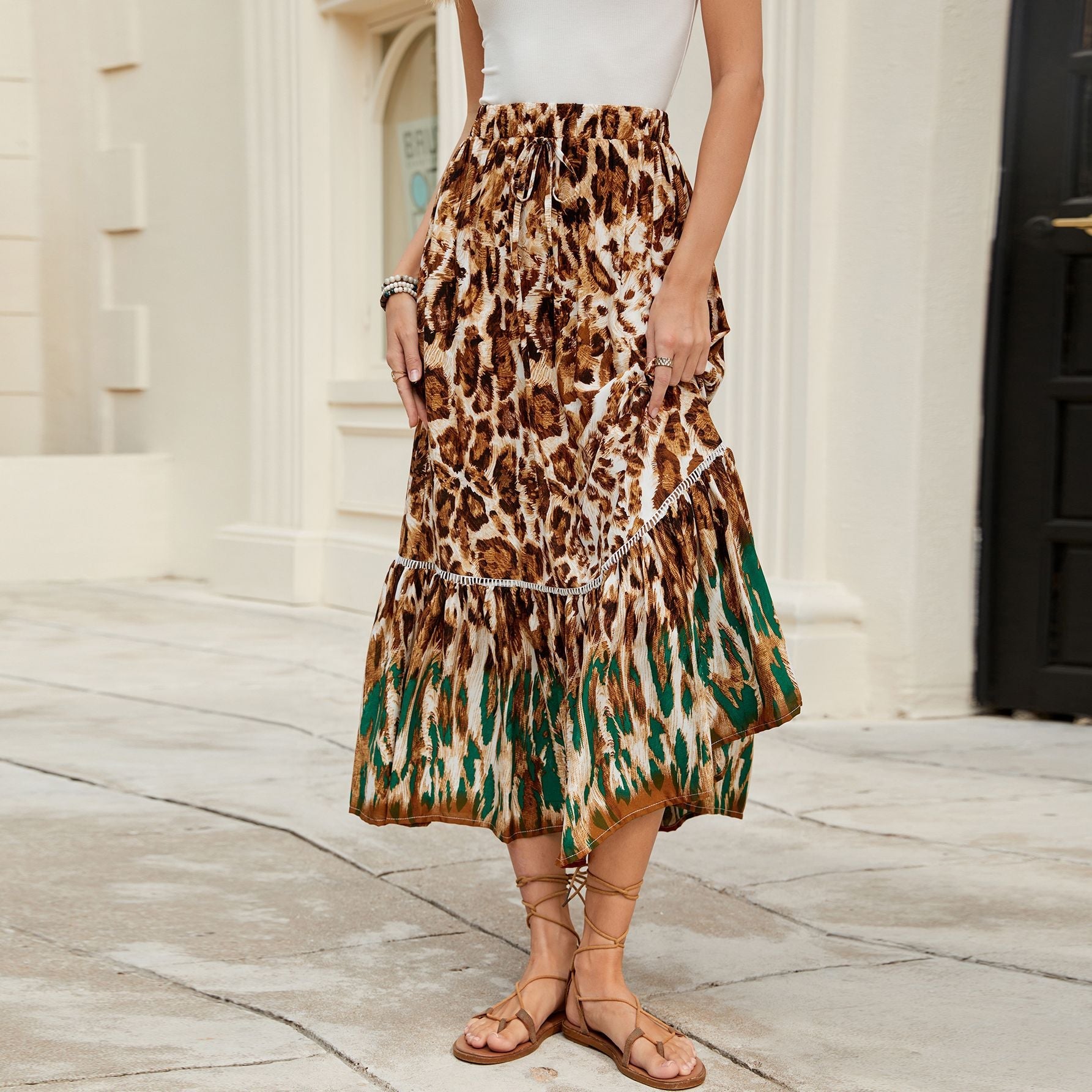Damen Maxi-Rock mit animalischem Print und raffinierter Volant R&B