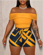 Damen Oberteil und Shorts Set mit schulterfreiem Design und geometrischem Muster R&B