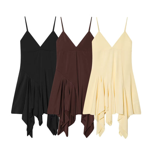 Damen fließendes Spaghetti-Trägerkleid mit asymmetrischem Saum und elegantem Faltenwurf R&B