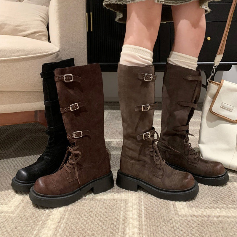 Damen Modische Overknee-Stiefel mit robustem Plateau und dekorativen Schnallen R&B