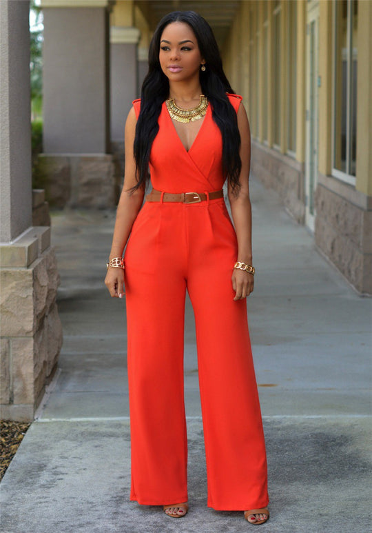 Damen Eleganter Wickel-Jumpsuit mit weitem Bein und Taillengürtel R&B