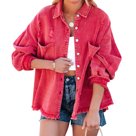 Damen Oversized Denim-Bluse mit Fransen R&B
