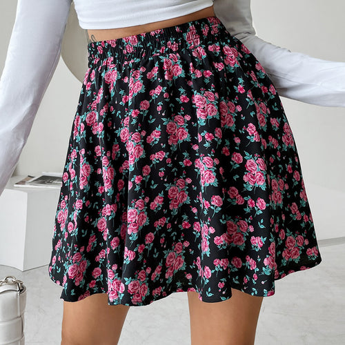 Damen kurzer Rock mit floralen Akzenten und elastischem Bund R&B
