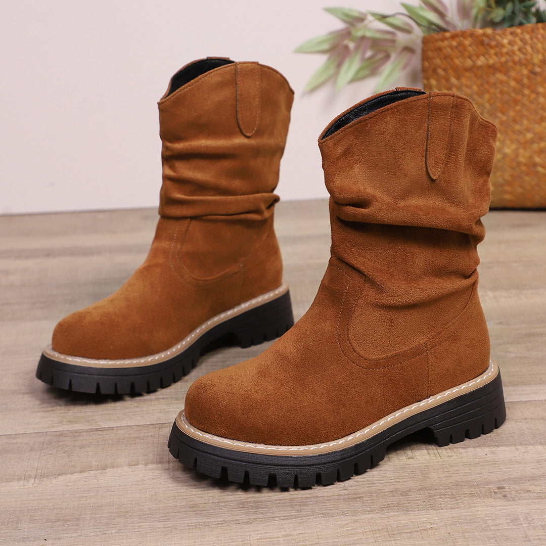Damen weiche Wildleder-Stiefel mit lässigem Faltenlook und robuster Profilsohle R&B